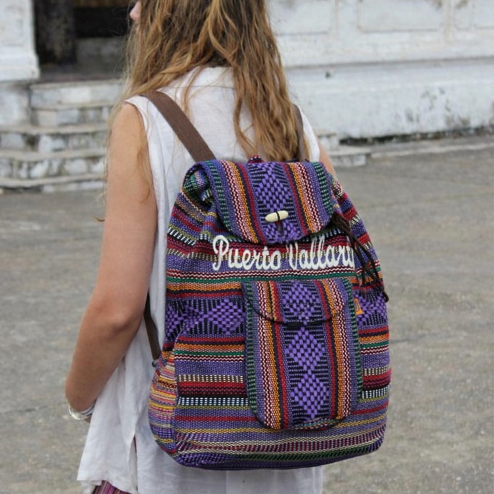 Puerto Vallarta Woven Boho Backpack Colorful Travel Bag Festival Daypack